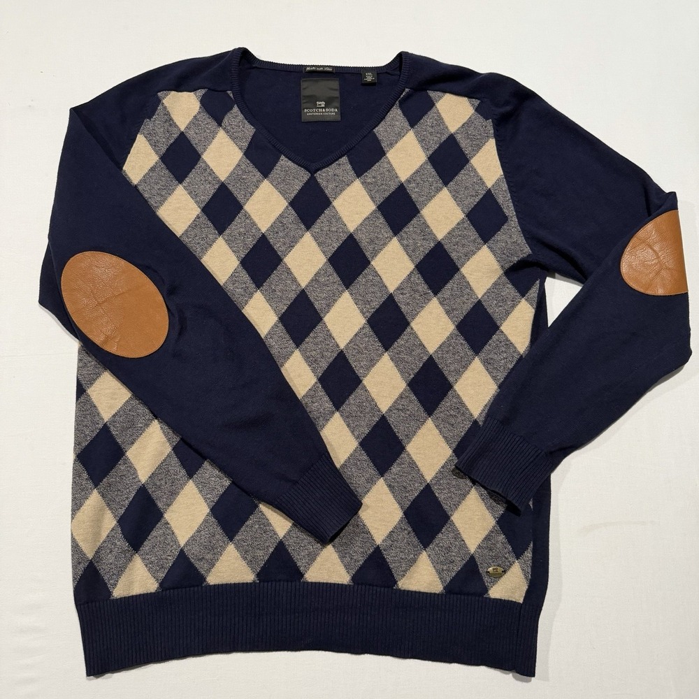 Scotch & Soda Sweater Mens XXL Argyle Leather Elbow Patches Cotton Wool V-Neck